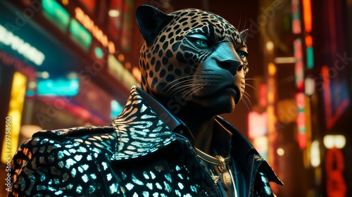 Visualize a sleek panther in a tailored jumpsuit, accentuated by metallic studs and a leather belt. Against a backdrop of neon lights, it exudes urban edge and fierce style. The vibe: bold and modern