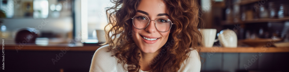 Joyful Curly-Haired Woman in Cozy Home Environment Joyful Curly-Haired Woman in Cozy Home Environment