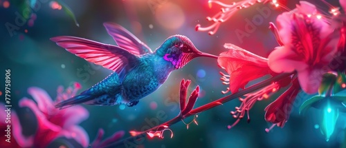 A hummingbird feeding from a neon flower © 220 AI Studio