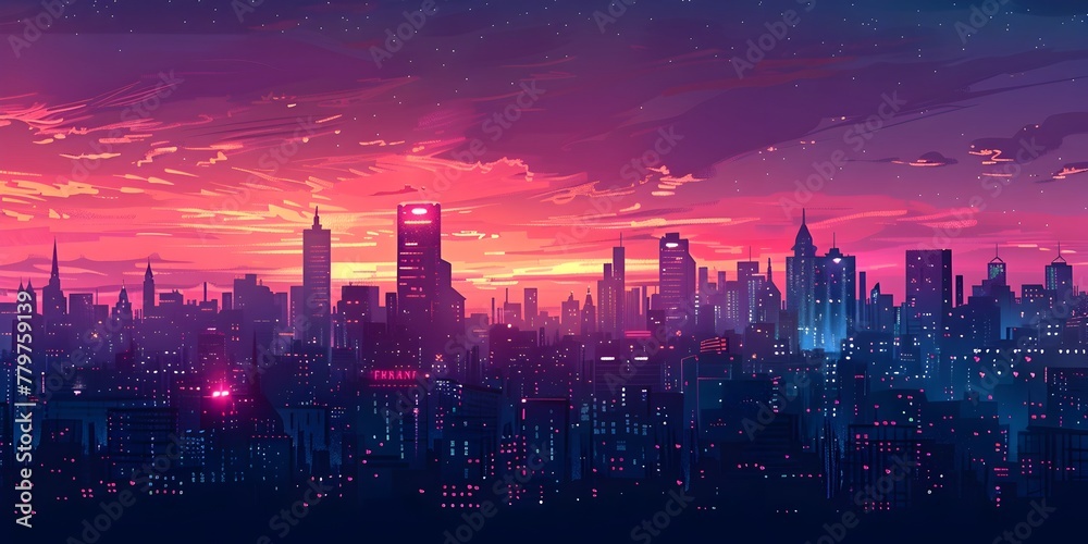 Mesmerizing City Skyline in a Vibrant Spectrum of Lights at Dusk