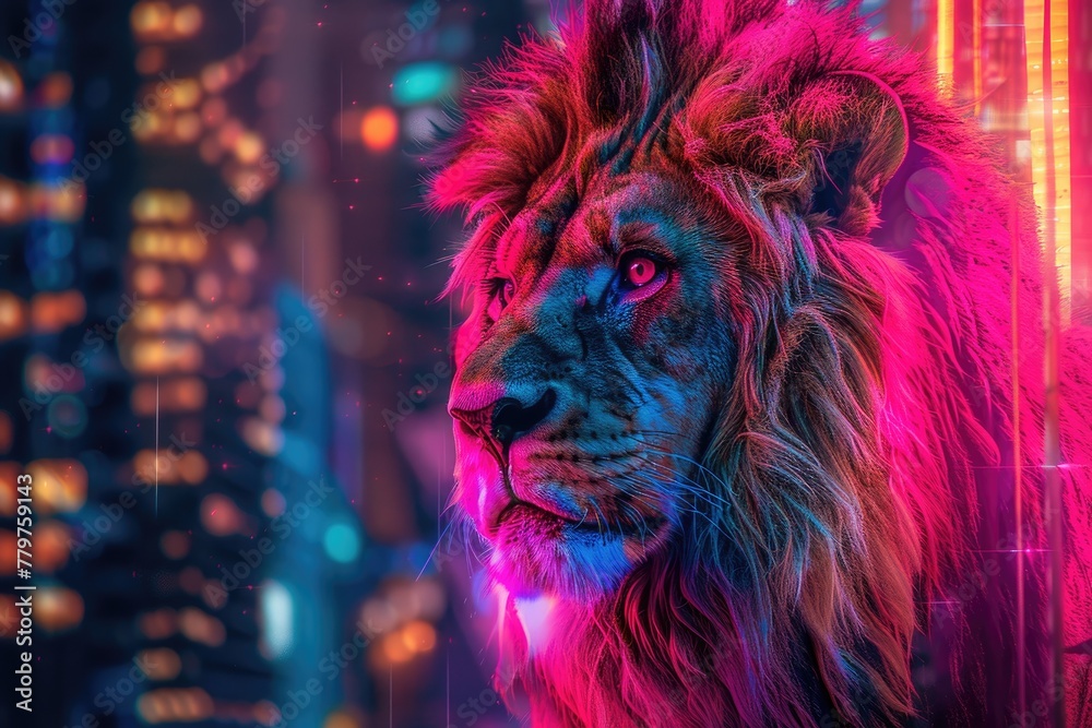 majestic lion with a mane illuminated by neon lights
