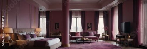 pink and purple theme luxury hotel bedroom modern interior with columns wide angle panoramic from Generative AI © Arceli