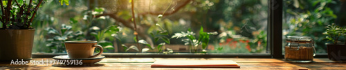 Serene Greenhouse Cafe Setting with Sunlight and Fresh Plants