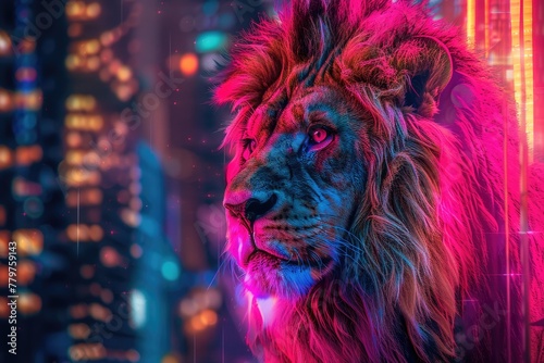 majestic lion with a mane illuminated by neon lights