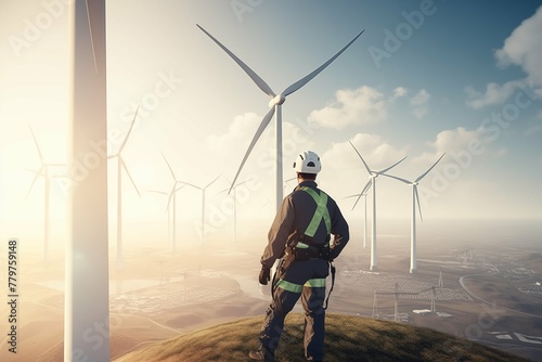 Renewable Energy Technician Overlooking Wind Turbine Farm - The Future of Sustainable Power Generation © ekhtiar