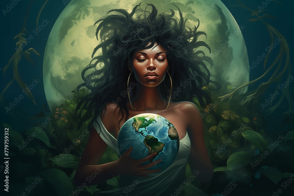 Naklejka premium Mystical Earth Goddess with Celestial Backdrop - An Artistic Representation of Harmony and Environmental Stewardship