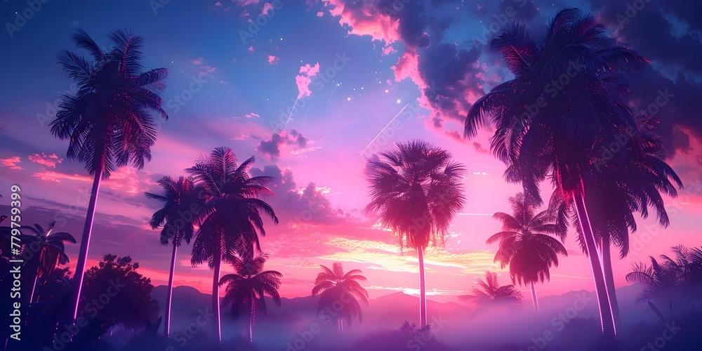 Swaying Neon Palms at Dusk in a Synthetic Paradise of Glowing Skies and Shimmering Oceanic Horizons