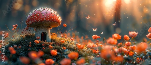 Fantasy elf or gnome mushroom house with window and flying butterflies in enchanted fairy tale garden, splendid fairytale pink rose flower field, shining morning sun light