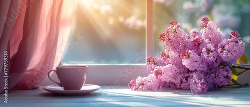In the morning light, a soothing purple lilac blossom blooms in a teacup on the table and a curtain hangs on the wall, a romantic spring home decor, decorative vase with syringas, and space for