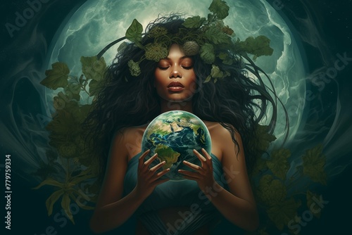 Mystical Earth Goddess with Celestial Backdrop - An Artistic Representation of Harmony and Environmental Stewardship © ekhtiar