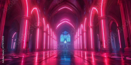 Captivating Neon Lit Gothic Arches in Mystical Cathedral Esque Hallway