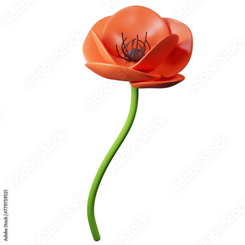 Red poppy with green stalk isolated on white background. 3d rendering     