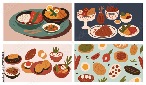 Served to Perfection. Collection of Vector Flat Illustrations of Delicious Menus for Restaurant, Cafe, Breakfast, Dinner, and More Design Concepts.