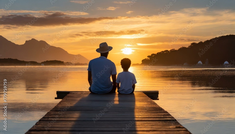 A silhouette of a father and son sitting on a lake dock at sunset. Family connection and love. Spending time outdoors in nature.
