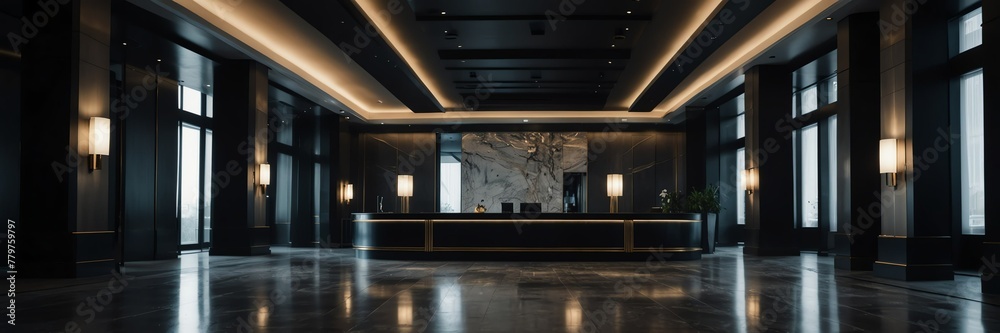 black theme luxury hotel reception lobby hall interior with columns wide angle panoramic from Generative AI black theme luxury hotel reception lobby hall interior with columns wide angle panoramic from Generative AI