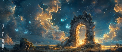 Magical mirage of an ancient gate and butterflies against a magical night sky with stars and clouds in a fairy tale panorama banner background. photo