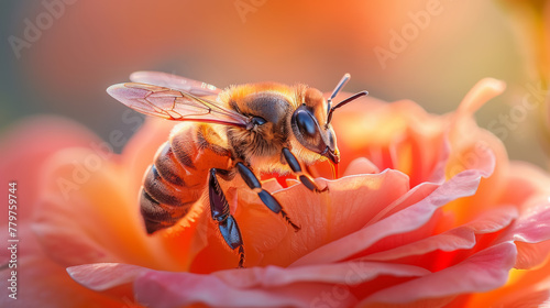 A bee is on a pink flower photo