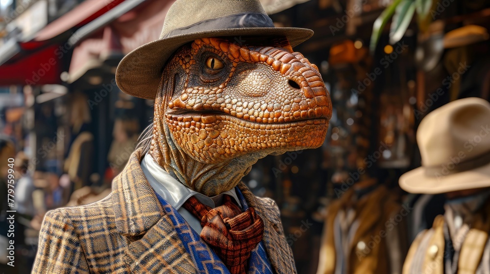 Sophisticated dinosaur roams city streets in tailored splendor, epitomizing street style. The realistic urban setting captures the prehistoric charm seamlessly merged with contemporary fashion allure 