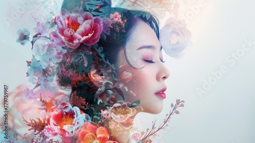 An enchanting double exposure portrait intertwining the elegance of a Chinese woman with the vibrancy of flowers and abstract shapes.