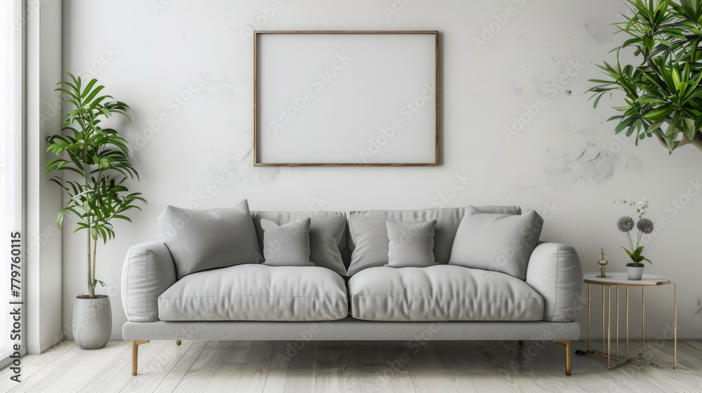 A white couch with a frame and a plant in the corner A white couch with a frame and a plant in the corner