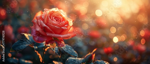 Fantasy amazing nature dreamy landscape image of a blooming rose flower in a wonderful garden on a mysterious fairy tale spring or summer floral sunny background with sun rays and beams