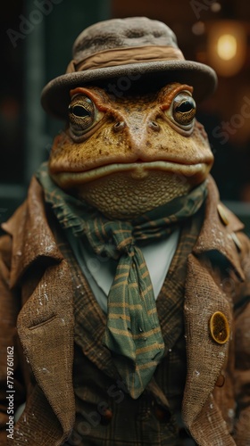 Dapper toad hops through city streets in tailored splendor  epitomizing street style. The realistic urban setting captures this amphibian s charm  seamlessly merging swamp allure with contemporary fas