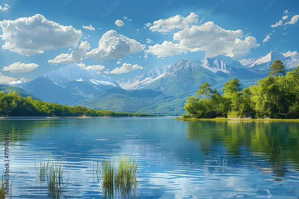 A body of water with mountains in the background