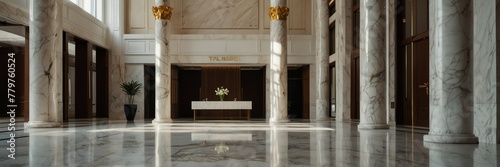 white marble theme luxury hotel reception lobby hall interior with columns wide angle panoramic from Generative AI