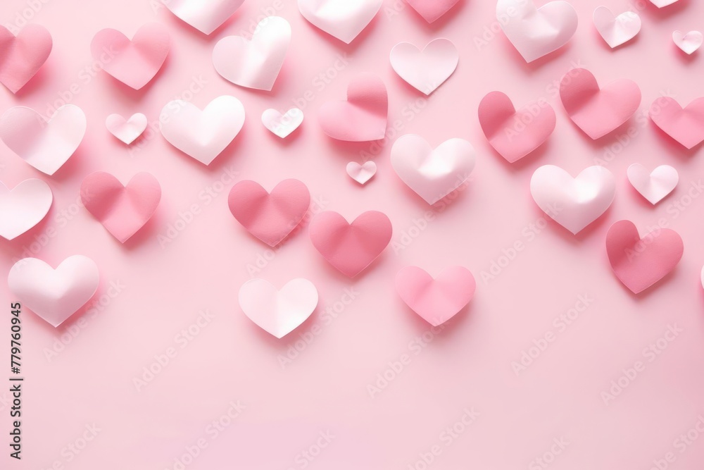 Pink hearts on pink color background. Pastel monochrome color print as Valentine's day or wedding background. Romantic holiday concept.