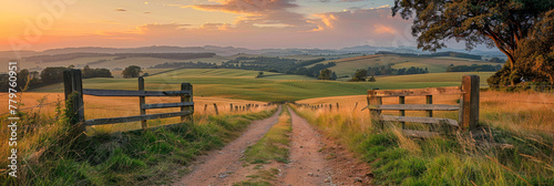 Scenic Sunset View Over Rolling Hills and Country Farm Gate