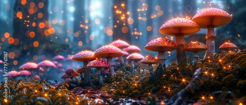 A magical fairytale mushroom garden with pink roses blooming in a fairytale forest mounted on a mysterious background with glowing stars and sun rays.