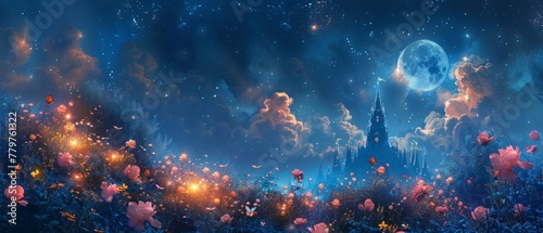 Idyllic serene fabulous mystic scene of twinkling stars, glowing moon, pink roses in flower garden, magical castle in blue night sky. Beautiful fairy tale photo background. photo