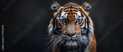 A black and white tiger portrait, World Wildlife Day concept, a magnificent majestic proud animal walking forward, a low key banner background with a panthera tigris and empty copy space.