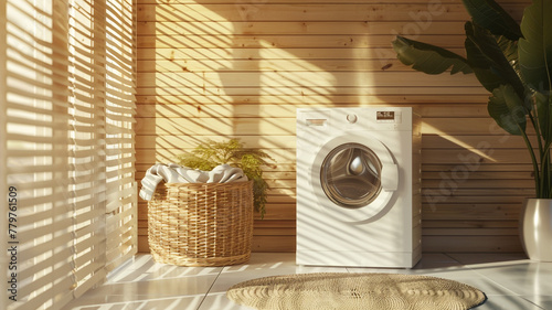 A white washing machine and beige laundry basket with a modern wooden minimalist interior of a home