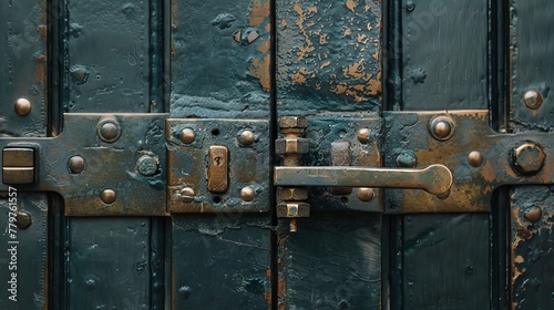 Detailed view of a protected lock mechanism on a door, featuring a unique hasp and latch design for enhanced security and stylish appeal