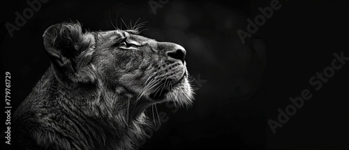 Portrait of an African Lion on a black background, Spectacular Wild Animal in Shadow, Proud Panthera Leo Looking Forward. Low Key Photo With Lioness And Copy Space Toned In Black And White Colors.