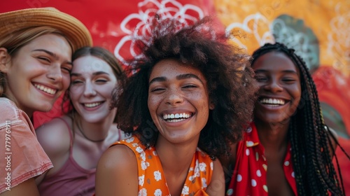 Multicultural friends share joyful interactions against vibrant studio backdrops