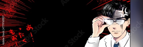 メガネをかけ直して監視するイケメン黒髪メガネ医師の少女漫画風カラーイラスト黒背景 photo