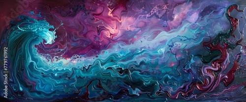 Turquoise tendrils embracing a canvas adorned with shades of rose and midnight violet.
