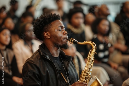 Jazz Musician Playing Saxophone for an Engaged Audience