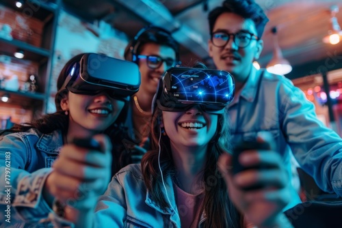 Friends Enjoying AR Game Experience Together at Night