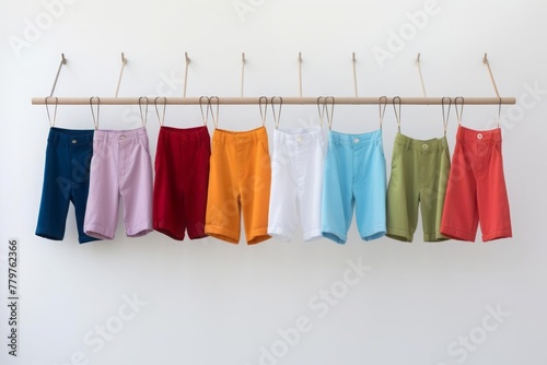 Different colors of men's shorts hanging on hangers on a white background