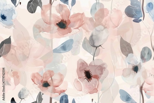 Delicate Watercolor Floral Pattern in Pink  Blue  and Grey for Seamless Background Design