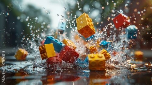 Colorful Lego bricks splashing in a puddle of water