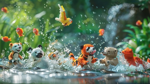 Colorful Lego animals swimming in a clear pond photo