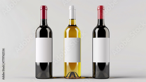 3 wine bottles with empty white labels mockup © Kavindu Dilshan