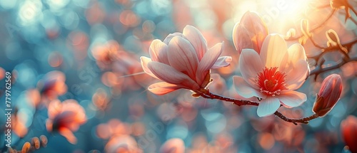 The elegant petals of a magnolia flower bloom in a spring fairy tale garden on a mysterious floral sunny background with sun light, in a beautiful nature park landscape banner toned in pastel colors,