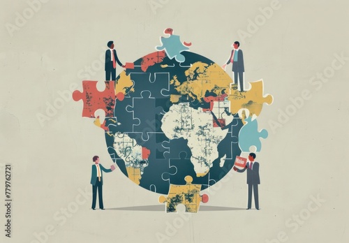 Diverse group of people standing around a globe with jigsaw puzzle pieces, conceptual image of global collaboration and teamwork