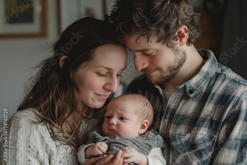 Loving Parents Cradling Newborn, Indoor Intimate Moment