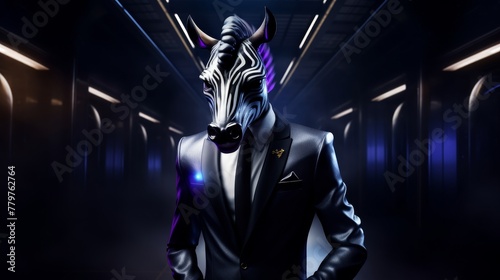 A zebra in a sleek, full-length business suit stands against a dark, mysterious backdrop, exuding authority and elegance with every stripe, Futuristic © Paul